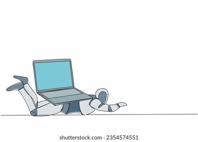 Single one line drawing stressed robot under heavy laptop computer burden. Fatigue or burnout work at tech industry. Robotic artificial intelligence. Continuous line graphic design vector illustration