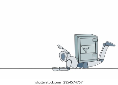 Single one line drawing stressed robot under heavy safe deposit box burden. Impact in pandemic crisis, bankruptcy at tech industry. Robotic artificial intelligence. Continuous line draw design vector