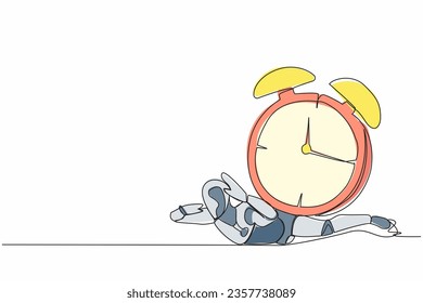 Single one line drawing stressed robot under heavy alarm clock burden. Work pressure at tech business project. Modern robotic artificial intelligence. Continuous line draw design vector illustration