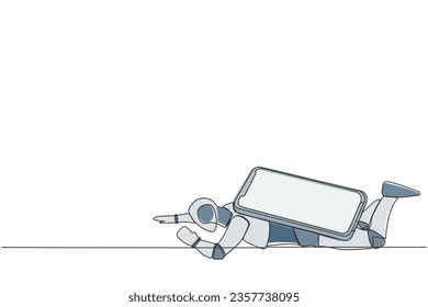 Single one line drawing stressed robot under heavy smartphone burden. Frustration due to overworked in tech industry. Robotic artificial intelligence. Continuous line draw design vector illustration