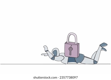 Robot estresado de dibujo de una sola línea bajo pesada carga de almohadilla de bloqueo. La bancarrota de la industria tecnológica en la crisis del bloqueo pandémico de Covid-19. Inteligencia artificial robótica. Vector de diseño de traza de línea continua