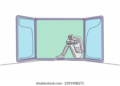 Single one line drawing stressed young astronaut sitting on windowsill. Depression, stress, despair, tech problem. Cosmic galaxy space concept. Continuous line draw design graphic vector illustration