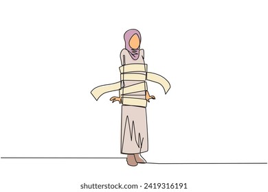 Single one line drawing stressful Arabian businesswoman stood and her body was wrapped by billing paper. Debt-ridden businesses. Bankrupt. Business failure. Continuous line design graphic illustration