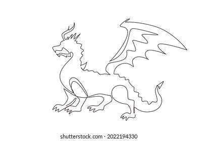 Single one line drawing strong fairytale dragon, magic lizard with wings and fire breathing serpent. Flying dragon medieval reptile. Modern continuous line draw design graphic vector illustration