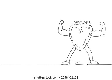 Eine einzige Linie, die starke und gesunde menschliche Herzorgan zeichnet. Herzstück mit Doppelbetten, Bodybuilder. Sport und Fitness für Gesundheit. Modern-Stetig-Liniendesign, Vektorgrafik