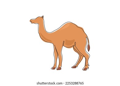 Single one line drawing strong desert Arabic camel for logo. Cute mammal animal concept for livestock husbandry, tourism, transportation. Modern continuous line draw design graphic vector illustration