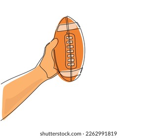 Single one line drawing strong male hands of athlete hold and catch sports ball for american football. Team sports. Active lifestyle. Modern continuous line draw design graphic vector illustration