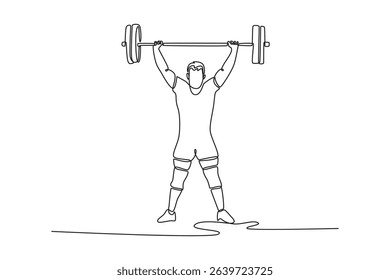 Single one line drawing strong young man lifting barbells at gym. Fit bodybuilder doing barbell weight lifting training workout with heavy bar. Continuous line draw design graphic vector illustration