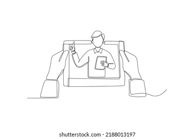 Single one line drawing student hand hold on tablet. Male teacher on tablet screen online video. International teacher's day concept. Continuous line draw design graphic vector illustration.