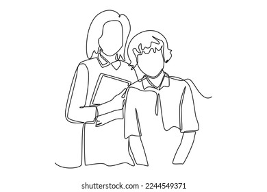 Single one line drawing student at school standing together with teacher. Continuous line draw design graphic vector illustration.