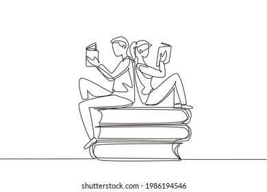 Single one line drawing students woman   man reading  learning   sitting big books  Study in library  Literature fans lovers  Modern continuous line draw design graphic vector illustration