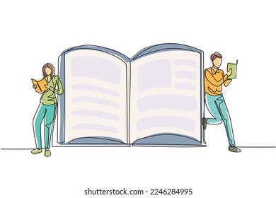 Single one line drawing students woman and man reading, learning and standing beside open huge book. Literature lovers, education concept, fair. Continuous line draw design graphic vector illustration