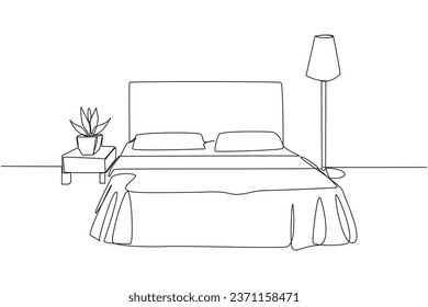 Single one line drawing stylish room with full furniture modern. Modern minimalist design. Equipped with a floor lamp for lighting needs. Industrialist. Continuous line design graphic illustration