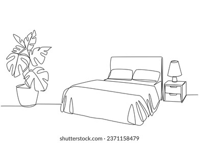 Single one line drawing stylish bed room with full furniture modern. Modern minimalist design. Comfortable bedroom with a comfortable mattress. Cozy room. Continuous line design graphic illustration