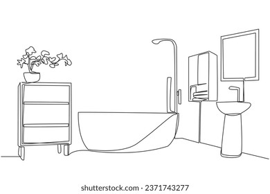 Single one line drawing stylish bathroom with full furniture modern. Natural feel. Very cozy and hygienic bathroom at staycation. Clean and clear. Comfort. Continuous line design graphic illustration