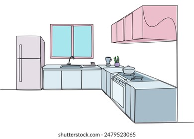 Single one line drawing stylish kitchen with full furniture modern. Equipped with full kitchen set. Cooking more fun with complete equipment. Cozy kitchen. Continuous line design graphic illustration