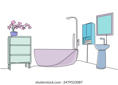 Single one line drawing stylish bathroom with full furniture modern. Natural feel. Very cozy and hygienic bathroom at staycation. Clean and clear. Comfort. Continuous line design graphic illustration