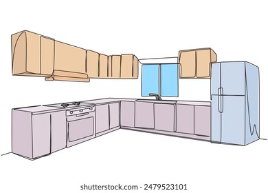 Einzelne Linie, die stilvolle Küche mit modernen Möbeln zeichnet. Ein riesiger, zweitüriger Kühlschrank verleiht der Küche eine luxuriöse Note. grafische Darstellung der durchgehenden Linie
