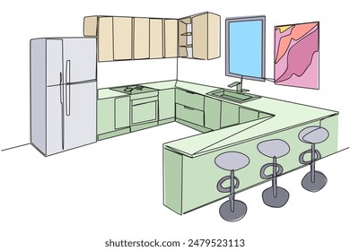 Una sola línea que dibuja la cocina elegante con muebles completos modernos. Un lugar para comer en el estilo del minibar. Totalmente amueblado. Cocina moderna que está muy limpia. Ilustración gráfica de diseño de línea continua