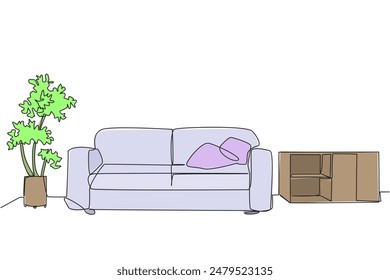 Single one line drawing stylish room with full furniture modern. Comfortable sofa for the living room. Honoring guests. Clean and clear. Minimalist concept. Continuous line design graphic illustration