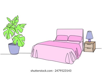 Single one line drawing stylish bed room with full furniture modern. Modern minimalist design. Comfortable bedroom with a comfortable mattress. Cozy room. Continuous line design graphic illustration