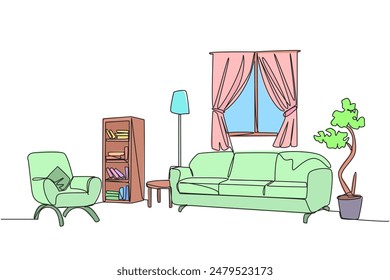 Single one line drawing stylish room with full furniture modern. Furniture showroom with Scandinavian interior design. Open windows with natural lighting. Continuous line design graphic illustration
