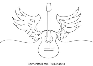 Single one line drawing stylized acoustic guitar with angel wings. Black and white illustration musical instrument. Rock concert. Musical emblem. Modern continuous line draw design graphic vector