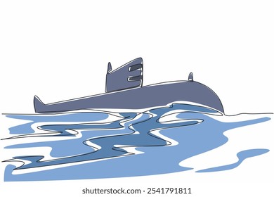 Single one line drawing submarine rises to the surface of the sea. Fleet change shift. The crew also needs food. Maneuverability. National Submarine Day. Continuous line design graphic illustration