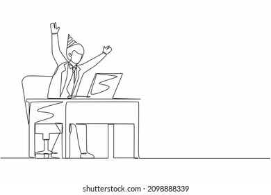 Single one line drawing success in work, winning online, technology concept. Businessman stands in office with hand raised opposite computer screen celebrating success. Continuous line design vector