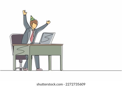 Single one line drawing success in work, winning online, technology concept. Businessman stands in office with hand raised opposite computer screen celebrating success. Continuous line design vector