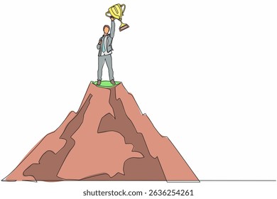 Single one line drawing success on top. Businessman on top of mountain holding trophy in raised hands. Winner, happiness, reaching goal concept. Continuous line draw design graphic vector illustration
