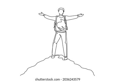 Single one line drawing successful climber man stands with arms outstretched on top of mountains. Male raised his hands up in joy. Achieving success. Guy power. Continuous line draw design vector