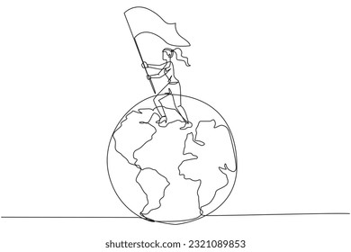 Dibujo de una sola línea de una exitosa mujer de negocios de pie en un gigantesco globo izando bandera. Empresaria celebrando la victoria. Metáfora de conquistar el mundo. Ilustración gráfica de línea continua