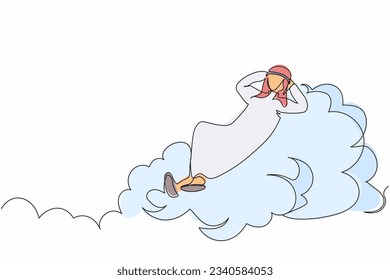 Einzelne Linie zeichnen erfolgreicher arabischer Geschäftsmann entspannend auf Wolken legen. Fröhliche Arbeiter Entspannung nach Geschäft Projekt, Urlaub. Grafische Vektorgrafik für kontinuierliche Zeilenzeichnung