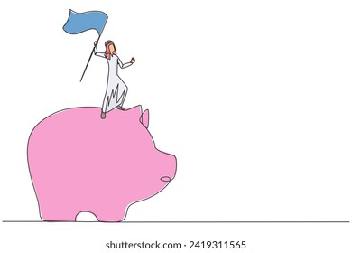 Single one line drawing of successful Arabian businessman standing on giant piggy bank raising flag. Making investments during the corona pandemic to keep the business survive. Continuous line graphic