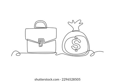 Maleta de dibujo de una sola línea y bolsa de dinero. Concepto de alfabetización financiera. Ilustración gráfica de vector de diseño de línea continua.