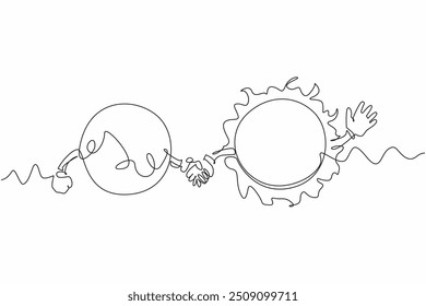 Uma única linha desenhando o sol e a lua cheia dão as mãos. Manifestações de excitação. Dia e noite têm o mesmo comprimento. Tempo justo. Astronomia. Equinócio de primavera. Ilustração gráfica de design de linha contínua