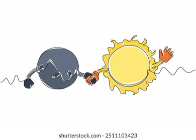 Uma única linha desenhando o sol e a lua cheia dão as mãos. Manifestações de excitação. Dia e noite têm o mesmo comprimento. Tempo justo. Astronomia. Equinócio de primavera. Ilustração gráfica de design de linha contínua