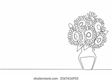 Single one line drawing sunflower in a vase. Placed in the corner of the room. Beautiful decoration. Yellow. International Sunflower Guerilla Gardening Day. Continuous line design graphic illustration