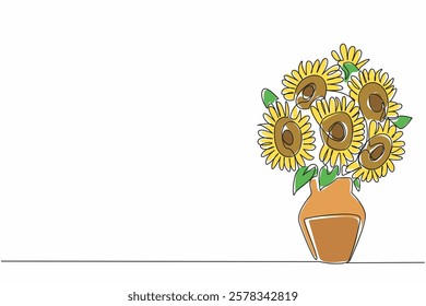 Single one line drawing sunflower in a vase. Placed in the corner of the room. Beautiful decoration. Yellow. International Sunflower Guerilla Gardening Day. Continuous line design graphic illustration