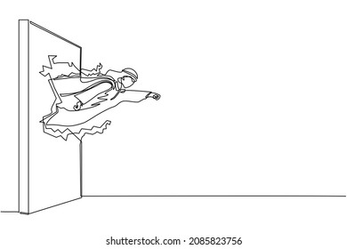 Single one line drawing super Arab businessman punches and breaks wall. Flying man breaks the wall. Business concept power, success and overcome difficulties. Modern continuous line draw design vector