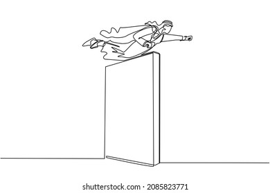 Single one line drawing super Arab businessman flying over the wall. Employee superhero flying through wall. Business concept power, success, overcome difficulties. Continuous line draw design vector