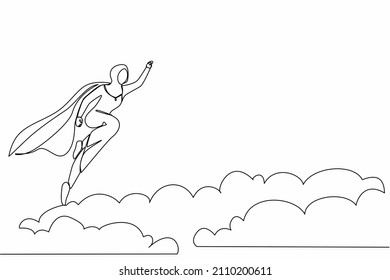 Single one line drawing super Arabian businesswoman flying up from cloud. Business leadership. Business finance success concept. Creative idea. Continuous line draw design graphic vector illustration