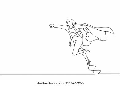 Single one line drawing super businesswoman punches pose, employee superhero flying, business concept power, success and overcome difficulties. Continuous line draw design graphic vector illustration