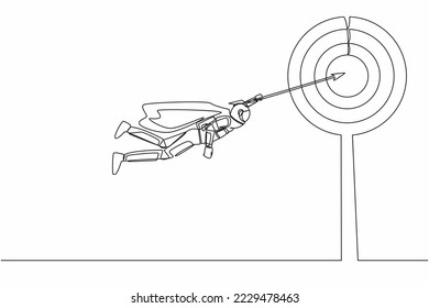 Single one line drawing super astronaut flying with arrow forward to achieve space expedition success. Power leadership ambition. Cosmic galaxy space. Continuous line draw design vector illustration