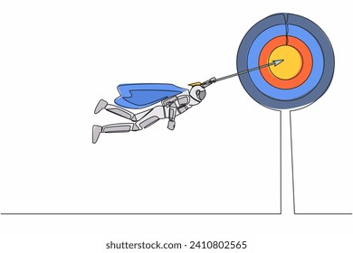 Single one line drawing super astronaut flying with arrow forward to achieve space expedition success. Power leadership ambition. Cosmic galaxy space. Continuous line draw design vector illustration