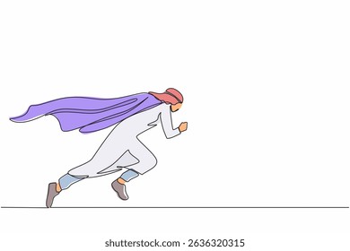 Single one line drawing super Arabian businessman running fast. Business superhero rushing on duty, business concept goal, achievement, success. Continuous line draw design graphic vector illustration