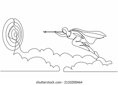 Single One Line Drawing Superhero Arab Businesswoman Flying With Arrow Forward To Goal To Achieve Success. Power Leadership Ambition And Achievement. Continuous Line Design Graphic Vector Illustration