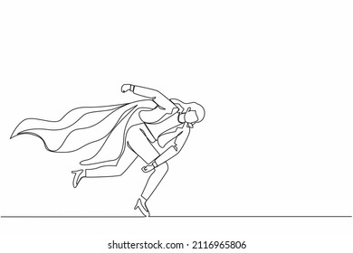 Single one line drawing superhero businesswoman punching breaking through problem. Elimination obstacles. Motivation to win, reliable leadership. Continuous line design graphic vector illustration