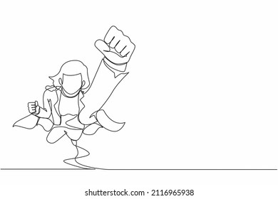 Single one line drawing superhero businesswoman wearing cape. Manager leader flying with stretched arm clenched fist. Super businesswoman fly forward. Continuous line draw design vector illustration